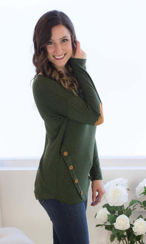 Buttoned and Patched Top in Forest Green